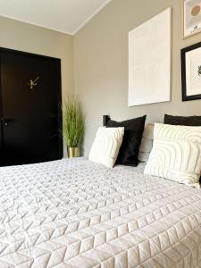 斯内克Bed & Breakfast Waterpoort - incl licht ontbijt的卧室配有一张带两个枕头的大白色床