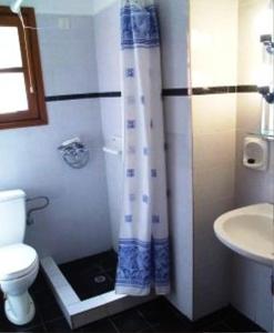 斯科派洛斯Villa Maro的一间带卫生间和淋浴帘的浴室