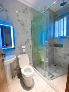 阿布贾Omah Apartments的一间带卫生间和玻璃淋浴间的浴室