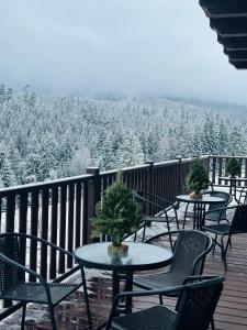 沃罗赫塔Мелодія Гір Вид на гори的一个带桌椅的甲板和雪覆盖的树木