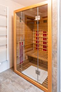 利恩茨Haus Sonnengarten-Lienz的浴室里设有玻璃门淋浴