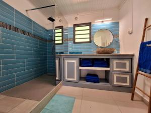 圣若瑟PEACE & LODGE II的蓝色的浴室设有水槽和镜子