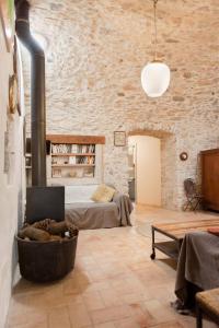赫罗纳Can Feliu, Masia Stone House, Apartment and Ground-Floor apartment, Sant Daniel-Girona的客厅设有一张床和一个壁炉