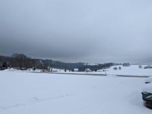 JahnsdorfFerienhaus Waldblick im Erzgebirge的雪地覆盖着,车停在了上面