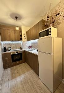 波罗维茨Petkovi Аpartments, Borovets Gardens - One-bedroom and Two-bedroom apartments的厨房配有白色冰箱和微波炉