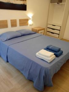 马德里Precioso apartamento recién reformado的一张大床,上面有蓝色的床单和毛巾