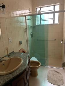 维索萨Quartos em casa no Clelia Bernardes的带淋浴、盥洗盆和卫生间的浴室
