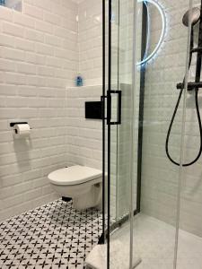 布拉迪斯拉发Studio Apartment Dandelion的一间带卫生间和玻璃淋浴间的浴室
