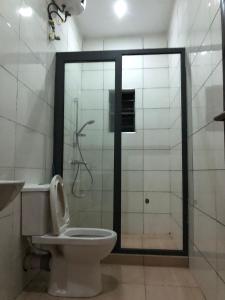 伊巴丹Luxury apartments的浴室设有卫生间和带玻璃门的淋浴。