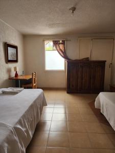 墨西哥城安妮斯旅馆的一间卧室设有两张床、一张桌子和一个窗口