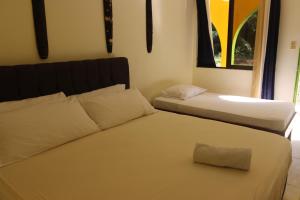 曼萨尼约Cool & Calm Hotel的一间卧室设有两张床和窗户。