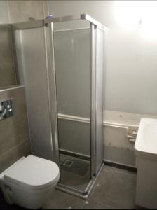 梅才特里Soli centr apartman的带淋浴、卫生间和盥洗盆的浴室