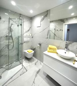 奥西亚歇尔湖畔施泰因多夫阿姆西公寓的带淋浴、盥洗盆和卫生间的浴室