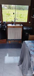 因比图巴Arandu Chalés的厨房配有水槽、床和窗户