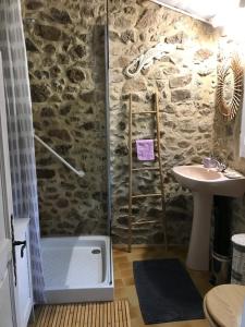 圣让迪加尔Chambre d'hôte Lavande - Le soleil des Cévennes的带淋浴和盥洗盆的浴室