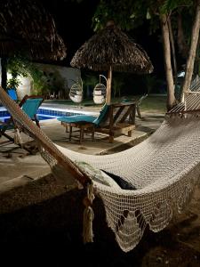 拉斯彭尼塔斯Hotel Tranquilo的游泳池旁的吊床,配有椅子和桌子