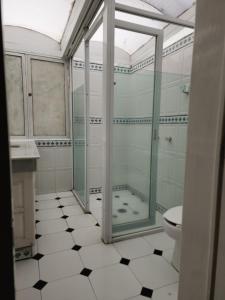 墨西哥城安妮斯旅馆的一间带玻璃淋浴和卫生间的浴室