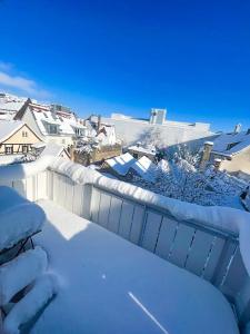 梅明根NAMI - ROBIN - Helle Apartments mitten in der Stadt的雪覆盖的院子,围有栅栏和房屋