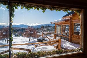 Lago FutalaufquenPueblo Alto Lodge的从窗户可欣赏到雪地小屋的景色