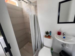 卡利Epifania Hostel的带淋浴、卫生间和盥洗盆的浴室