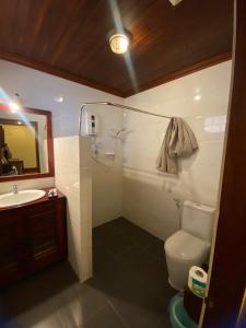 琅勃拉邦somvang khily guesthouse 宋旺吉利 酒店的一间带卫生间、水槽和镜子的浴室