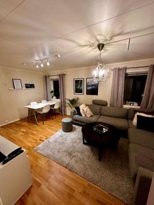 特罗姆瑟Cozy 2-Bed Apartment on the top of Tromsø!的客厅配有沙发和桌子