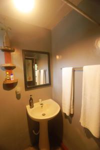 锡吉里亚Dinna Nature Hostel的浴室配有盥洗盆、镜子和毛巾