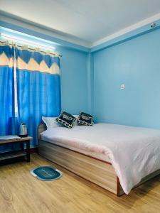 加德满都Sagarmatha View Homes的一间卧室拥有蓝色的墙壁,配有一张带枕头的床。