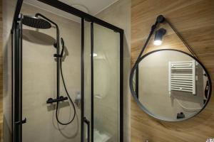 格利维采Apartamenty Plebańska-Rynek的一间带圆形镜子和淋浴的浴室