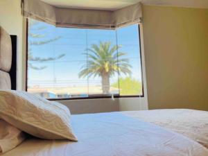 Hermosa Casa completa en Arequipa的一间卧室设有一扇带棕榈树的大窗户