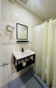 碧瑶Sukhavati Inn的一间带水槽、镜子和淋浴的浴室