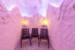 布克维Konopka Forest Home & SPA的冰室设有两把椅子,墙壁紫色