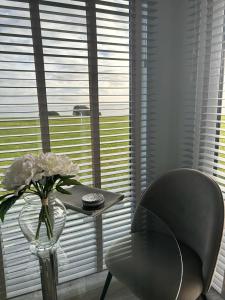 邓莫尔东Dunmore East Ocean View Suite的花瓶桌子和椅子