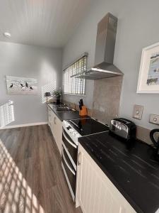 邓莫尔东Dunmore East Ocean View Suite的厨房配有水槽和炉灶 顶部烤箱