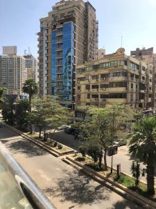 开罗Luxury apartment in Mohandiseen的城市中一条有高楼和树木的街道