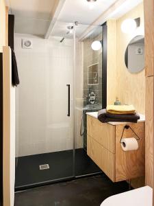 斯普里蒙Bayda's Tiny House的带淋浴和盥洗盆的浴室