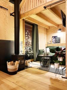 斯普里蒙Bayda's Tiny House的客厅设有壁炉和圣诞树