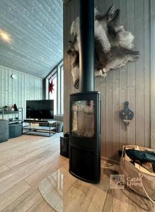 FlesbergNew cabin near X Country ski trails at Blefjell with Jacuzzi的客厅设有壁炉和电视。