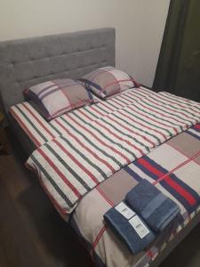 乌日霍罗德Lux na Osipenko的一张带条纹毯子和两个枕头的床