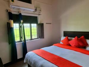 JhirnaJim Corbett Home stay的一间卧室配有一张带红色枕头的床和一扇窗户