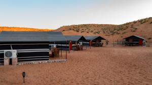 Al WāşilSand Delight Camp的沙漠中间的一群小屋