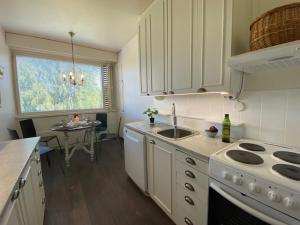 凯米Style 1BR Appartment in Kemi - Tornio的厨房配有水槽、炉灶和桌子