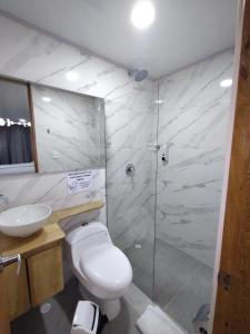 麦德林HOTEL A & A SANTA ALEJANDRIA的浴室配有卫生间、盥洗盆和淋浴。