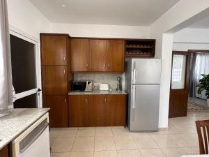 拉纳卡Villa Andy-350 m from the beach的厨房配有木制橱柜和白色冰箱。