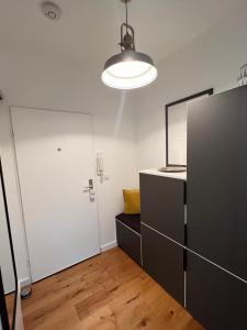 汉诺威Charmantes Studio Maschsee und Messe Nähe的一间设有黑冰箱和白色门的房间