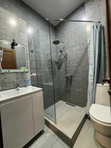 库塔伊西Veranda L&G的带淋浴、盥洗盆和卫生间的浴室