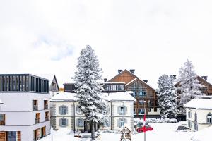 安德马特Hotel Bergidyll - Riders Haven的一座有雪覆盖的树木和建筑的城镇