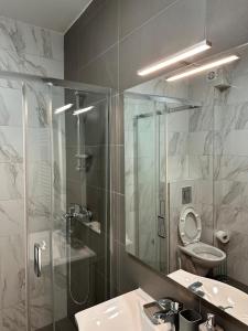 LedineSleep&Fly Belgrade的带淋浴、盥洗盆和卫生间的浴室