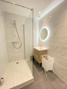 贝尔福Magnifique T2 40m2 lumineux, moderne et rénové avec fibre的带淋浴和盥洗盆的白色浴室