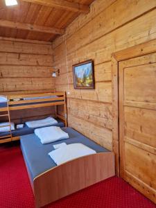 布科维纳-塔钱斯卡Bukovina Concept Mountain的小木屋内的一个房间,配有三张双层床
